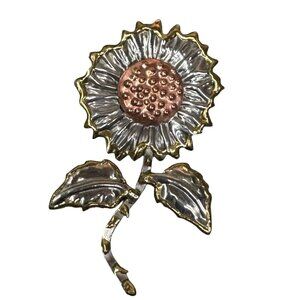Vintage Brutalist Silver & Copper Brass Steam Punk Sunflower Brooch Pin Floral